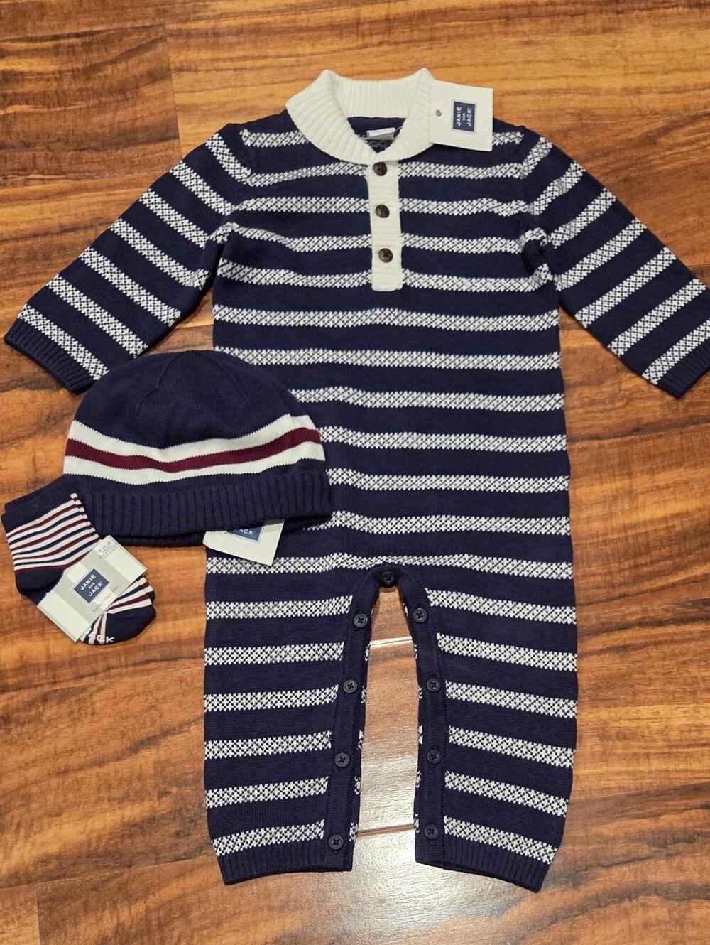 Janie and Jack NWT 6-12 Months Navy Striped Sweater Romper, Hat and Socks